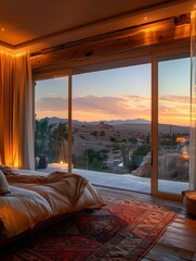 Canvas Print - Modern Bedroom Interior with Desert View at Sunset