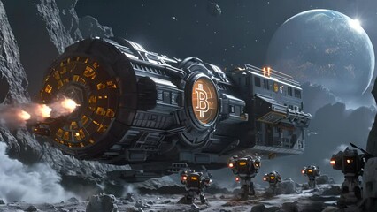 Wall Mural - a spaceship with a large b on it is flying through space. a group of people are on the ground, possi