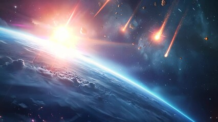 Wall Mural - a space scene with a planet and three shooting stars. the stars are falling towards the planet, crea