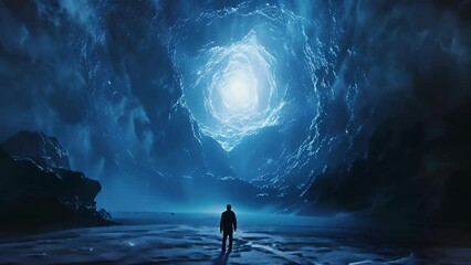 Canvas Print - a man is walking through a cave with a blue sky above him. the cave is dark and the man is the only 