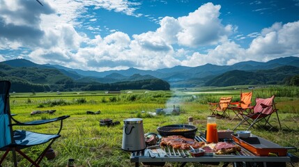 Summer, the fields are green, the sky is bright blue. There were fluffy white clouds floating past and colorful umbrellas. In the middle of the grass