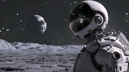 Wall Mural - A robot is standing on a planet with a moon in the background. The robot is wearing a white helmet and a white backpack. The scene is set in space, and the robot appears to be exploring the planet