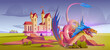 Medieval castle and fantasy dragon fairytale cartoon scene. Magic monster character near kingdom for battle. Spooky animal control palace on nature landscape. Fantastic adventure for halloween design