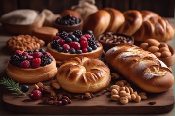 Wall Mural - 'different bakery products wooden background assortment baguette banner bread bun cereal cook copy crispy crunchy crust delicious empty flat flour food format fresh epicure grain healthy homemade'