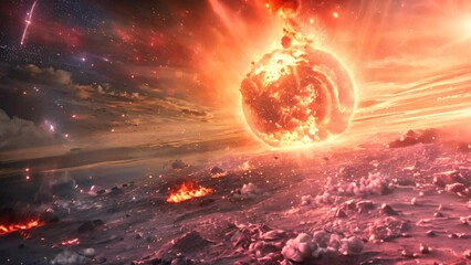Wall Mural - a fiery explosion in space with a large sun in the middle. the sun is surrounded by a cloud of debri