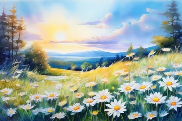 Beautiful spring landscape with meadow yellow flowers and daisies