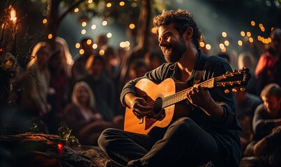 Wall Mural - Man Playing Guitar in Front of Crowd