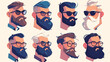 Set of vector bearded hipster men faces on the tran