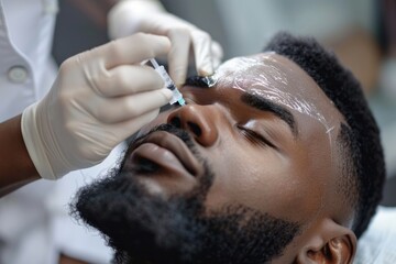 Handsome African American black man receiving filler injection in beauty salon, close-up