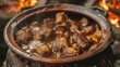 Closeup of a large clay pot filled with a rich dark broth and chunks of tender braised meat slowly simmering over a low fire for hours on end. .
