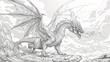 © MAY - Fantasy: A coloring book page featuring a majestic dragon breathing fire in a mystical landscape
