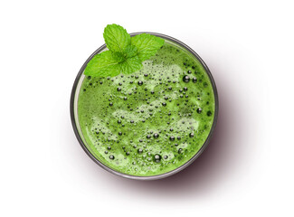 Wall Mural - Glass of green smoothie juice with mint leaves isolated on white background, top view, flat lay. 