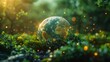 A beautiful green planet Earth sits in a lush green forest with sun shining through the trees in a magical atmosphere.