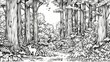 Nature: A coloring book page featuring a dense forest with tall trees and a variety of wildlife