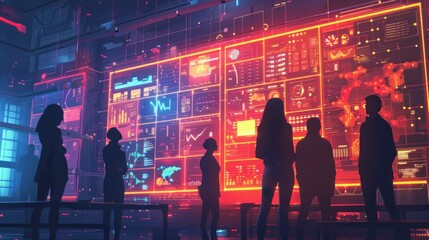 silhouettes engaging in futuristic data analysis. silhouettes of people engage with advanced data vi