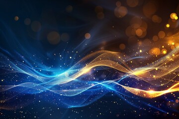 Fototapete - Commercial photography of gold blue neon wave lines on abstract background with bokeh lights data transfer concept wallpaper