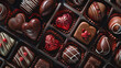 Assorted chocolates candies confectionery in chocolate box closeup love heart shape chocolates valentine's day sweets