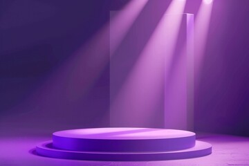 Poster - A purple light shines brightly from a podium on a stage, creating a striking and abstract scene for product display