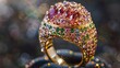 A magnified view of a bejeweled ring showcasing the expert work of local craftsmen. Each stone is carefully set in place enhancing the shimmering effect of the piece. .