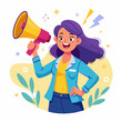 Happy girl holding megaphone shouting loud calls customers (5)