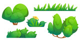 Fototapeta Dinusie - Green bush and grass border cartoon illustration. Garden tree plant icon set. Simple comic foliage fence with flower for game. Botany graphic asset for landscape or outdoor park hedge summer design