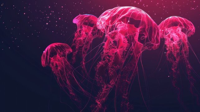 Jellyfish from futuristic polygonal red lines and glowing stars for banner, poster, greeting card. AI generated