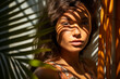 Close-up Portrait of Woman in Sunlight and Shadows of palm leaf on her face. Concept of sunbathing, vacation. Generative AI