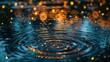Raindrops creating ripples in a puddle beneath a sky filled with falling stars