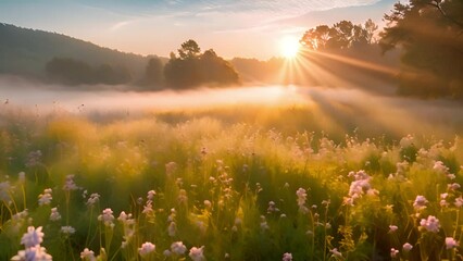 Wall Mural - Amazing morning landscape with fog and Sunbeams. Natural meadow with morning mist. Summer landscape with a meadow of various flowers. Wonderful natural environment. Summer field in morning fog. 4k