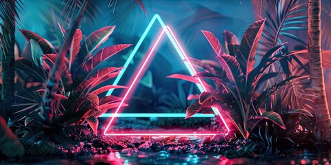 Wall Mural - Illuminated by vibrant neon light, a geometric triangle stands out against the backdrop of dense jungle foliage, creating a surreal and captivating scene.