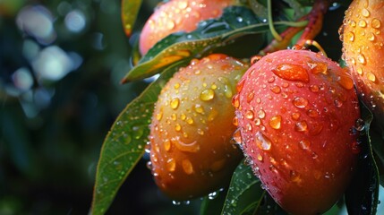 Fototapete - Ripe mangoes covered in raindrops, their golden skins shimmering in the sunlight, offering a taste of tropical paradise with every bite.