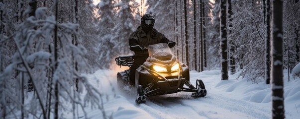 Snowmobiling enthusiasts blaze a trail along a forest road blanketed in winter snow, carving through the pristine landscape with exhilarating speed and precision