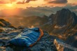 Create a striking digital rendition of a sleeping bag from a birds-eye viewpoint, placed against a backdrop of a rugged mountain range at sunrise The balance between photorealism and artistic interpre