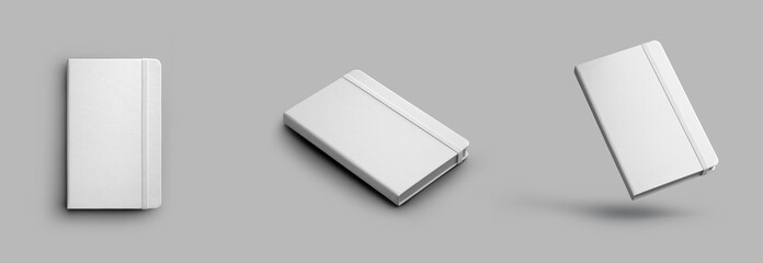 Poster - Mockup of closed white notepad with elastic band, organizer for notes, planning, daily. Set