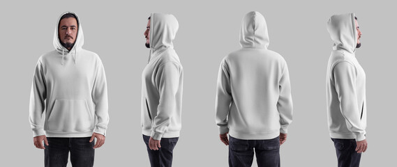 Poster - Mockup of a white oversized hoodie on a bearded guy in a hood, for design, print, pattern, branding. Set