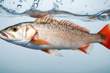 'ocellatus drum sciaenops fish escaping red white isolated background fishing game seafood marin animal estuary food single jumping jump raw fresh wild'