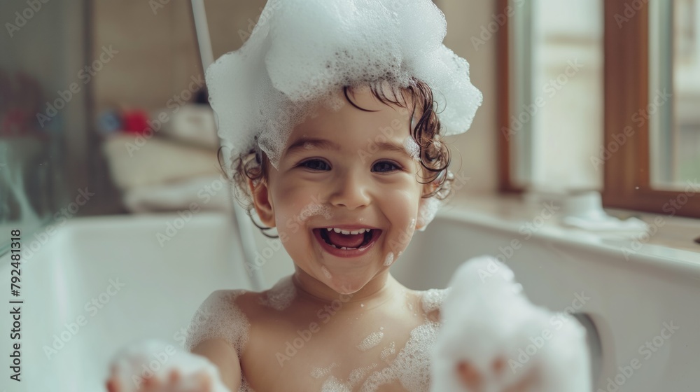 A Boy Bathes In Bath With Foam And Bubble On His Head Cute Child 