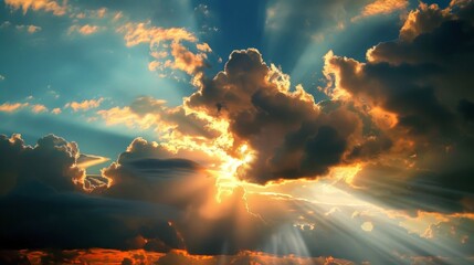 Poster - Sun breaking through clouds on the horizon, heralding the beginning of a beautiful day