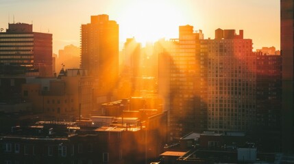 Poster - Sun rising behind a cluster of buildings, signaling the start of a new day in the city