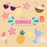 Fototapeta  - Hello Summer Themed Illustration with Tropical Icons.