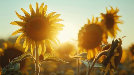 Poster - Sunflowers reaching towards the sky in a field illuminated by the morning sun's gentle rays