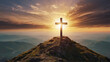 A Christian Jesus cross on top of mountain hill, god resurrection easter concept sunrise from behind of mountain new day, holy christ, sunrise
