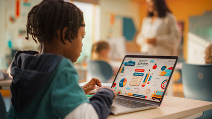 Wall Mural - Excited Happy Teacher Explaining a Math Lesson to a Classroom Full of Bright Diverse Children in Primary School. Little Black Boy Browsing a Presentation on a Laptop Computer