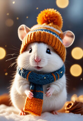 Wall Mural - Adorable happy cartoon hamster dressed in knit hat and scarf