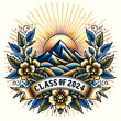 Graduation label design. Class of 2024. Congrats Graduates emblem with Mountain peak, sun and grad cap.