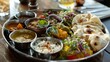 Traditional Indian thali filled with an assortment of aromatic curries, chutneys, and freshly baked naan bread.