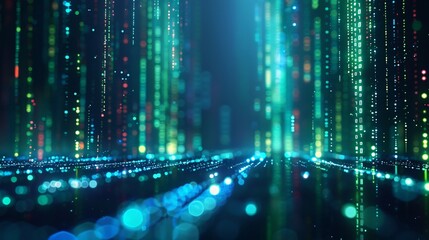 Binary code flowing in a digital space.