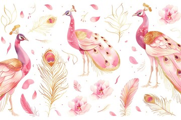 Wall Mural - set of watercolor peacock and feather illustrations in pink and gold tones against a white background