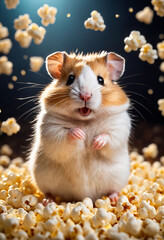 Wall Mural - Adorable happy cartoon hamster surrounded by popped corn kernels 