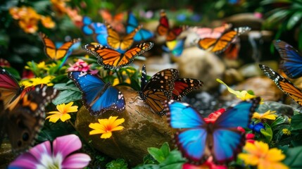 Poster - Vibrant butterfly garden alive with fluttering wings and buzzing insects, a paradise for nature enthusiasts and photographers.